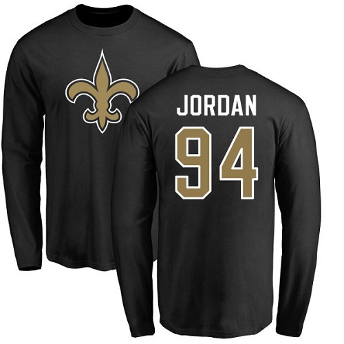Men New Orleans Saints Black Cameron Jordan Name and Number Logo NFL Football #94 Long Sleeve T Shirt->new orleans saints->NFL Jersey